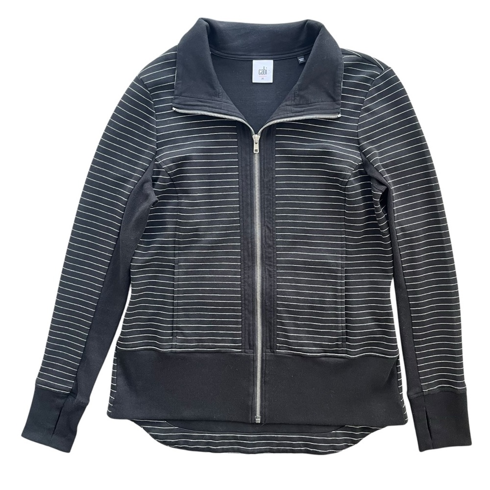 Cabi Women’s M Black White Stripe Full Zip Ribbed Lightweight Sprint Jacket 3378